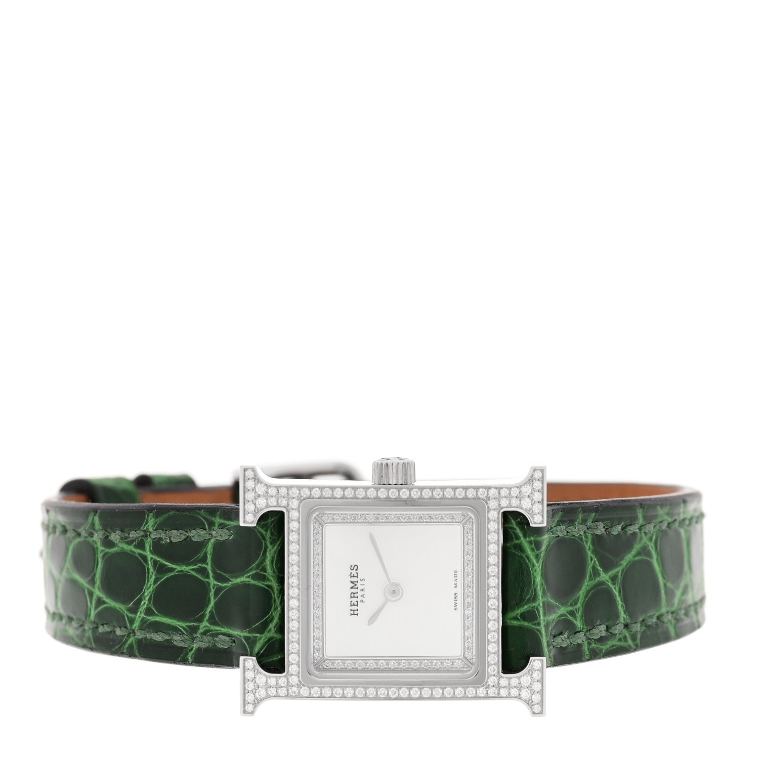 Hermes Stainless Steel Alligator Diamond Bezel Mother of Pearl 17.2mm Heure H Hour Quartz Watch Vert Moyen 2 of 5