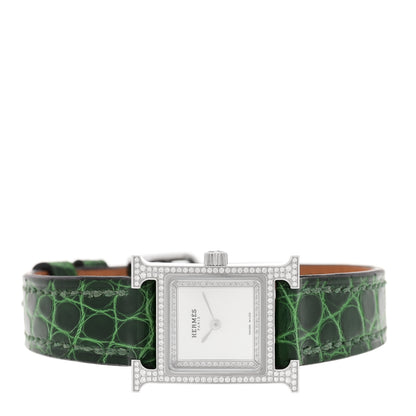 Hermes Stainless Steel Alligator Diamond Bezel Mother of Pearl 17.2mm Heure H Hour Quartz Watch Vert Moyen 2 of 5