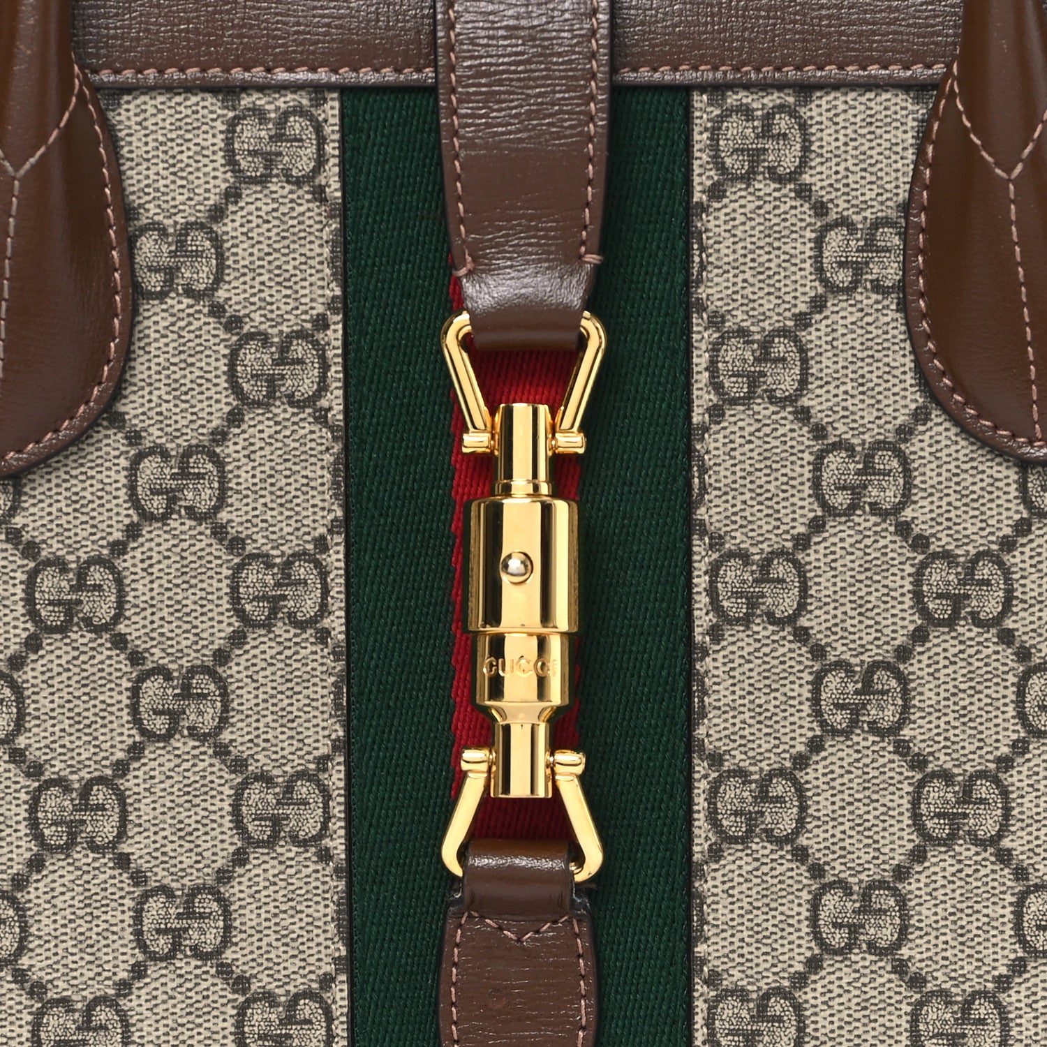 Gucci GG Supreme Monogram Azalea Calfskin Web Medium Jackie 1961 Tote Beige Ebony Brown Sugar 8 of 12