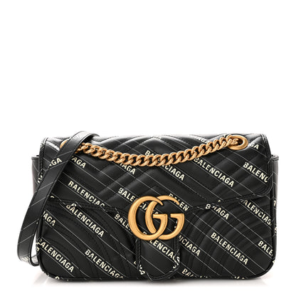 Gucci X BALENCIAGA Calfskin Matelasse Logo Print Small GG Marmont Shoulder Bag Black 1 of 11