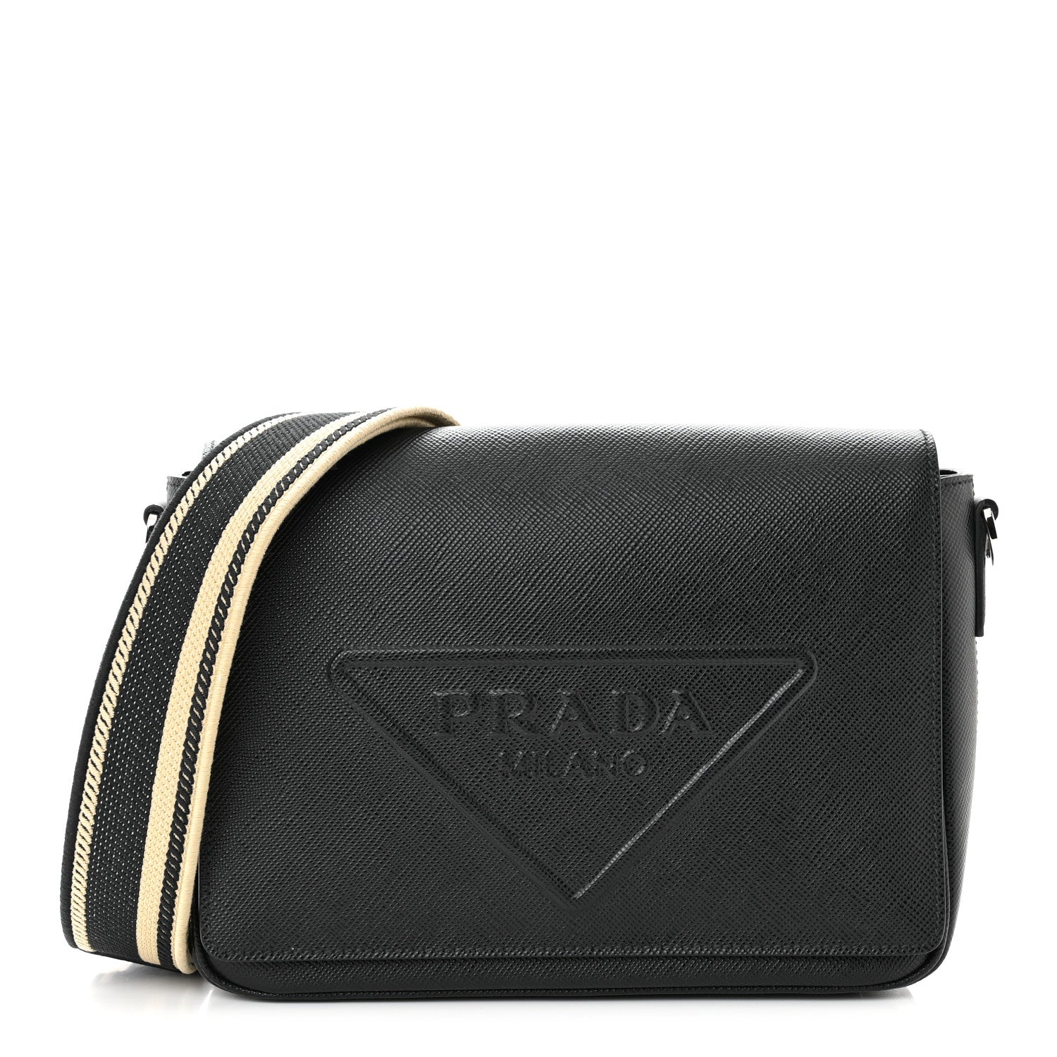 Prada Saffiano Cuir Triangle Logo Embossed Flap Crossbody Black 1 of 9