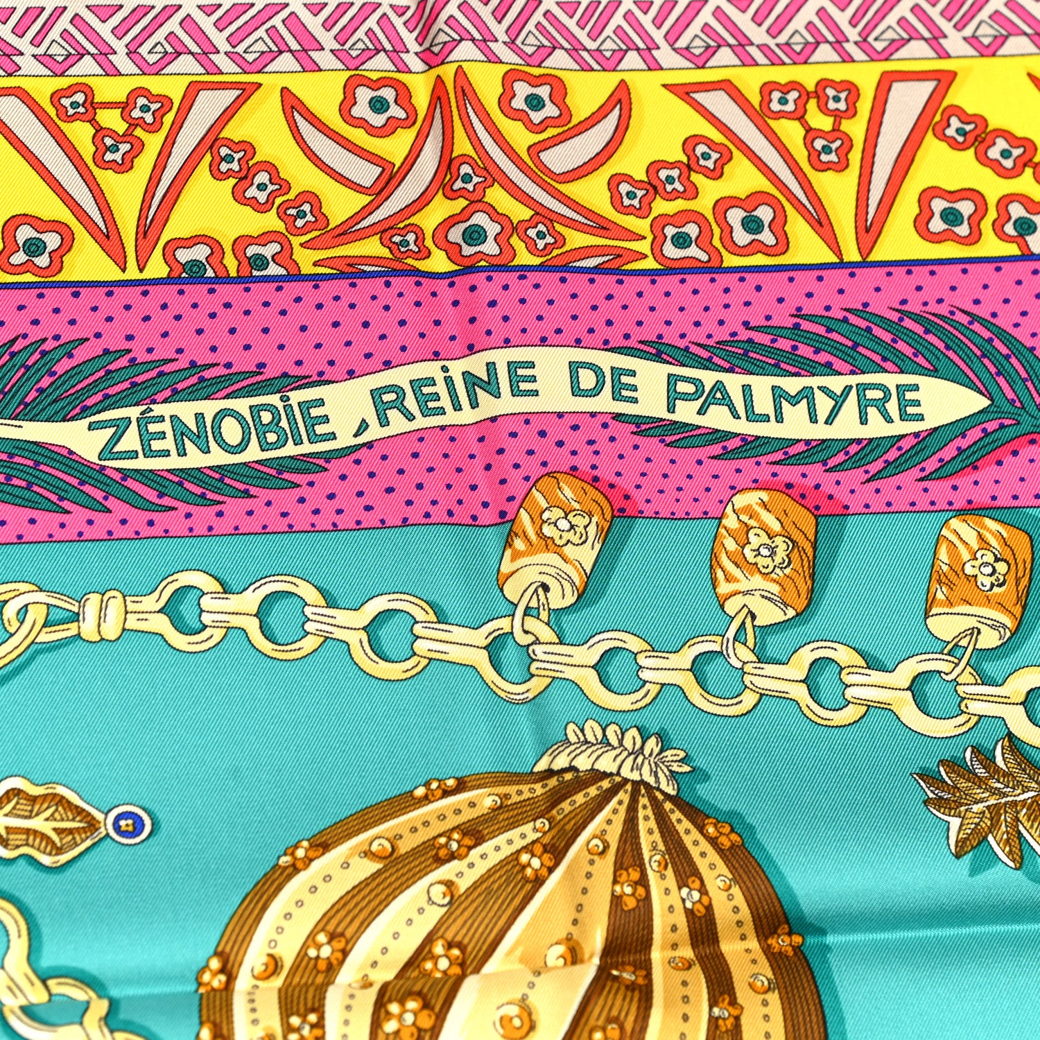 Hermes Silk Zenobie Reine De Palmyre Scarf 90 Vert d'Eau Rose Jaune Vif 5 of 8