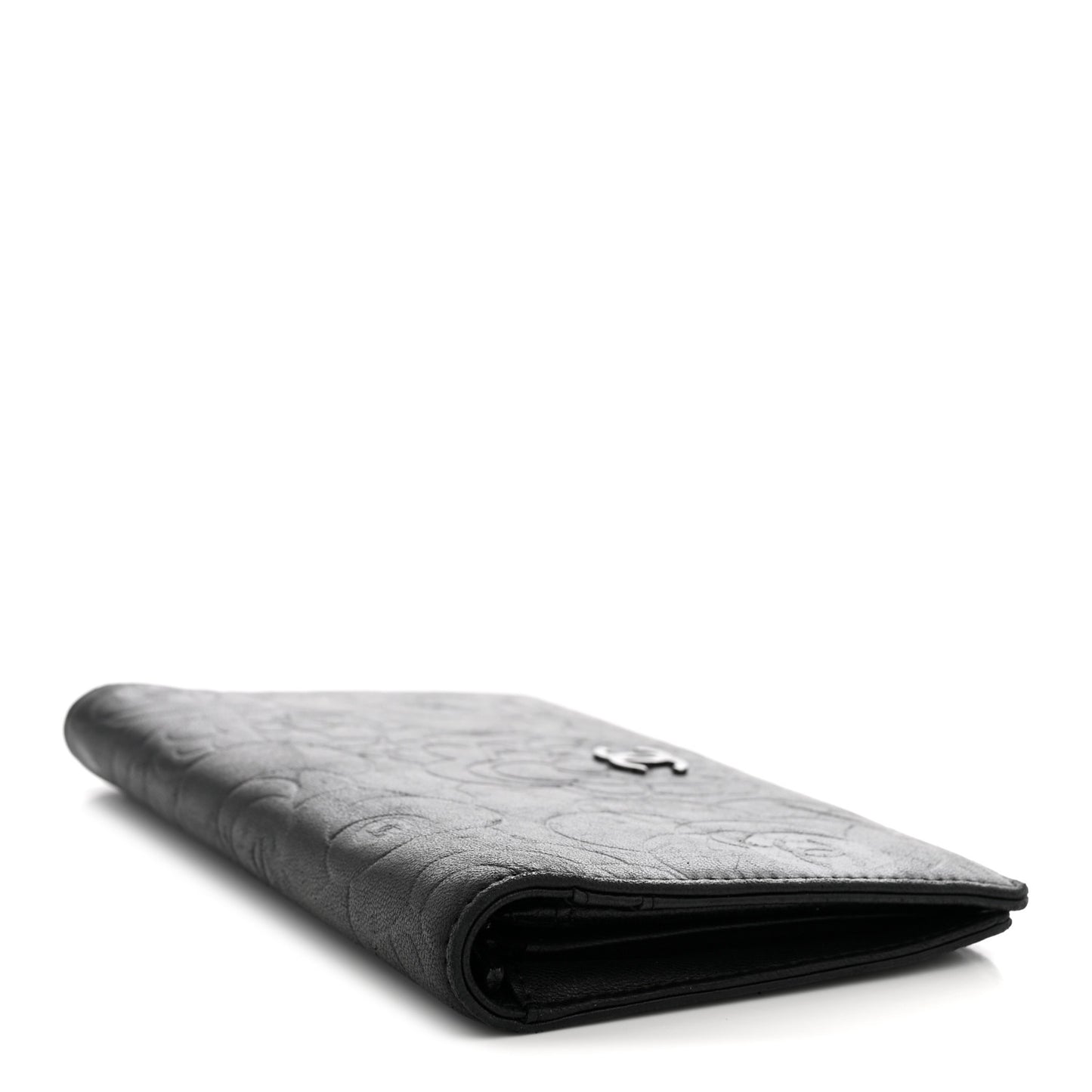 Lambskin Camellia Embossed Yen Wallet Black