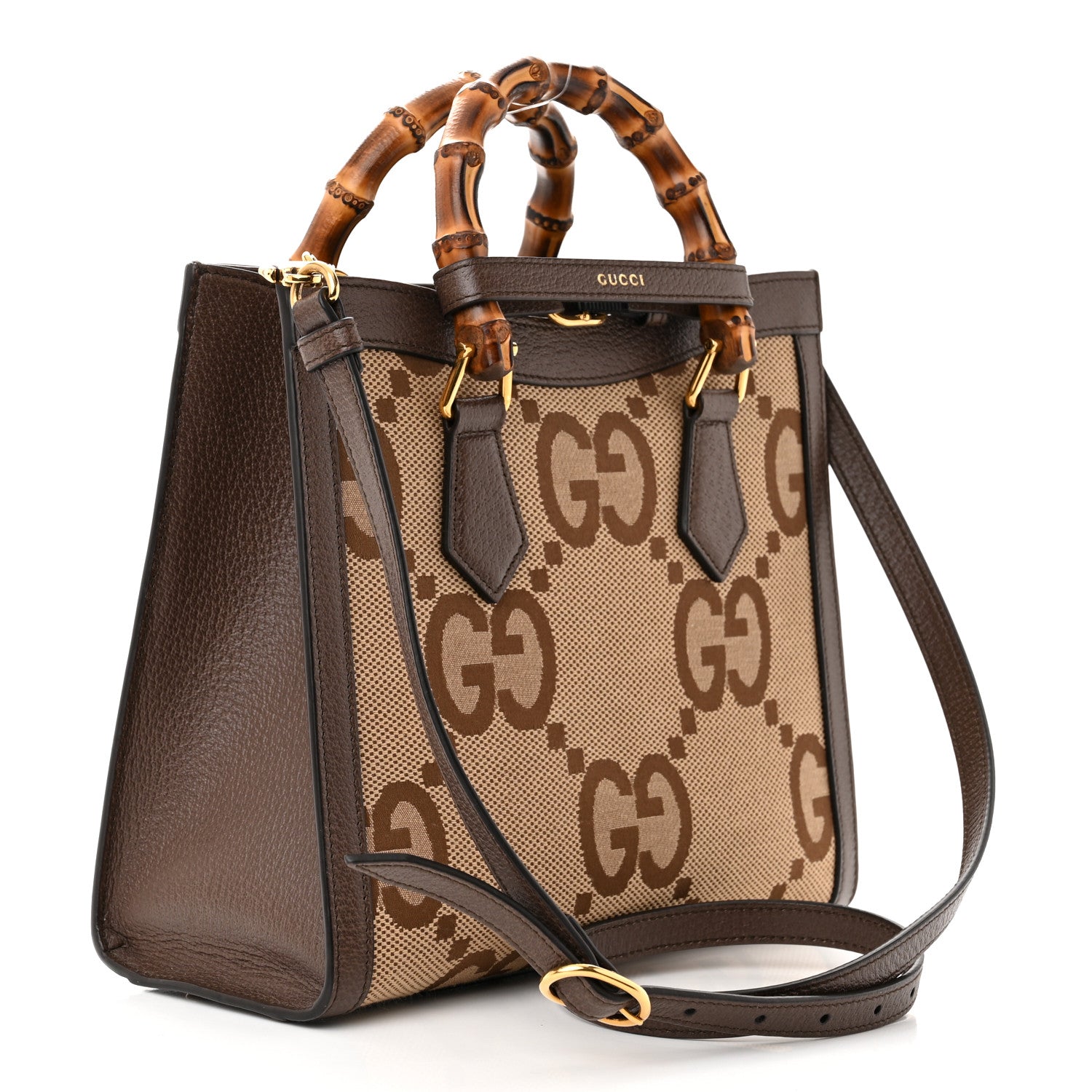 Gucci Monogram Jumbo GG Textured Dollar Calfskin Small Diana Tote Bag Camel Ebony New Acero 4 of 12