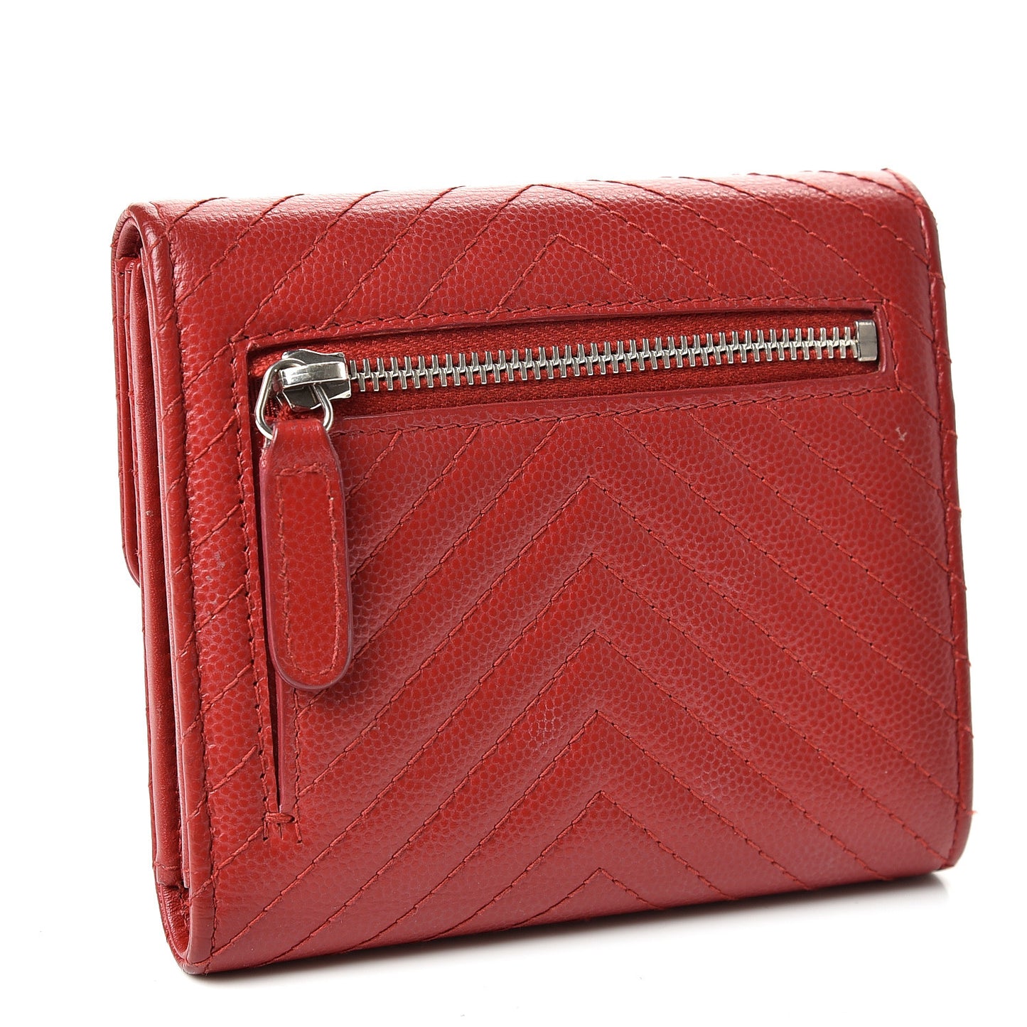Caviar Chevron Quilted Compact Flap Wallet Dark Red