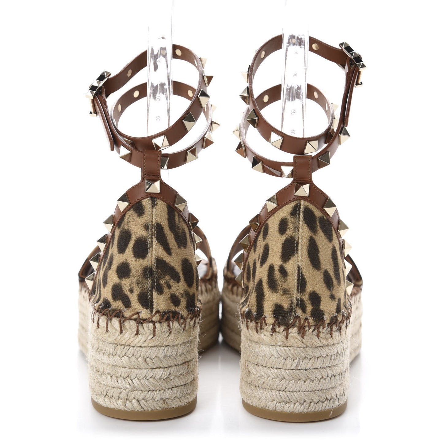 Canvas Leopard Print Rockstud Ankle Wrap Espadrille Flatform Sandals 39 Brown