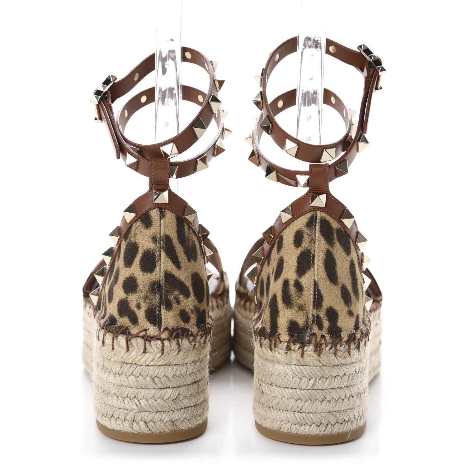 Valentino Garavani Canvas Leopard Print Rockstud Ankle Wrap Espadrille Flatform Sandals 39 Brown 5 of 10