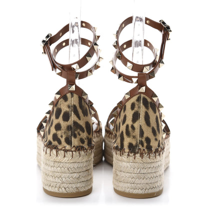 Valentino Garavani Canvas Leopard Print Rockstud Ankle Wrap Espadrille Flatform Sandals 39 Brown 5 of 10