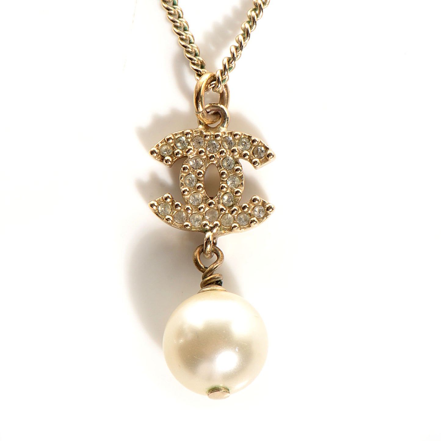 Crystal CC Pearl Drop Necklace Gold