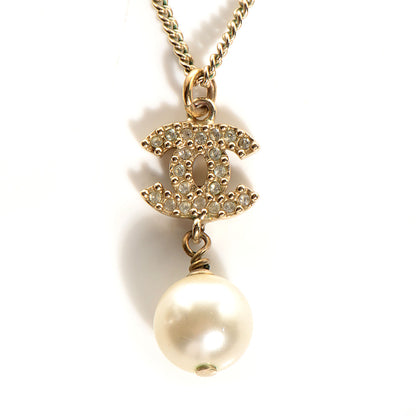 Chanel Crystal CC Pearl Drop Necklace Gold 3 of 5