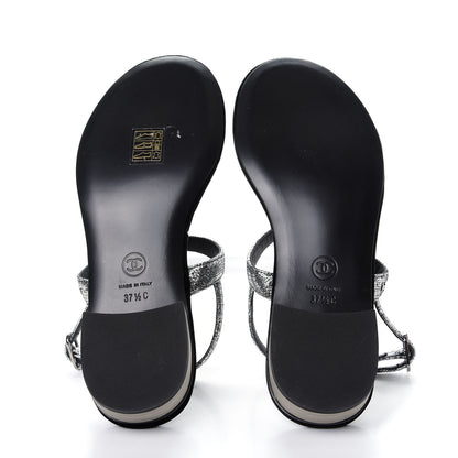 Chanel Metallized Goatskin Pearl CC Thong Sandals 37.5 Silver 6 of 10