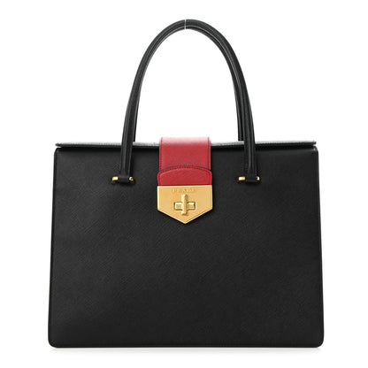 Prada Saffiano Tri-Color Turn Lock Satchel Black Bianco Rosso 1 of 10
