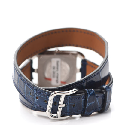 Hermes Stainless Steel Alligator Diamond Mother of Pearl 23mm Cape Cod Double Tour Quartz Watch Bleu Saphir 3 of 5