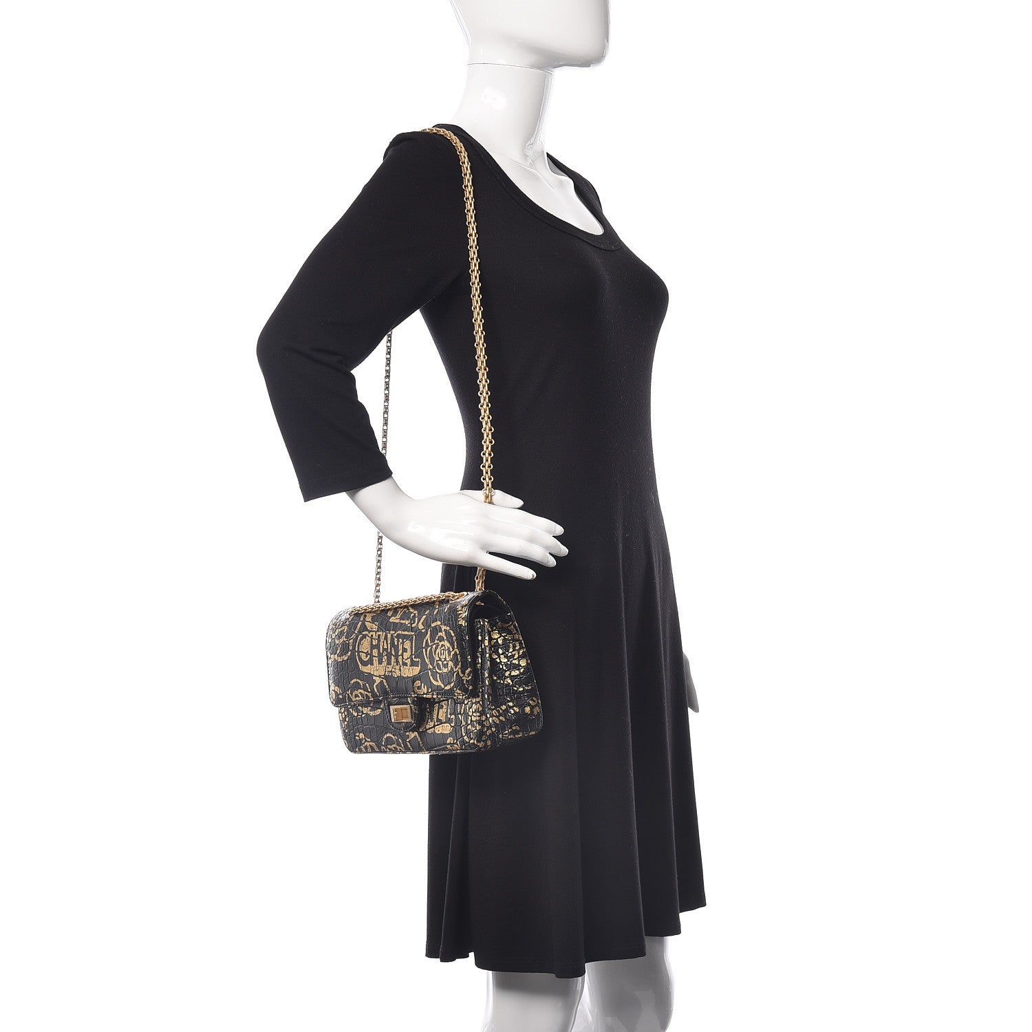 Chanel Calfskin Crocodile Embossed Graffiti 2.55 Cocodile Reissue 225 Flap Black Gold 2 of 9