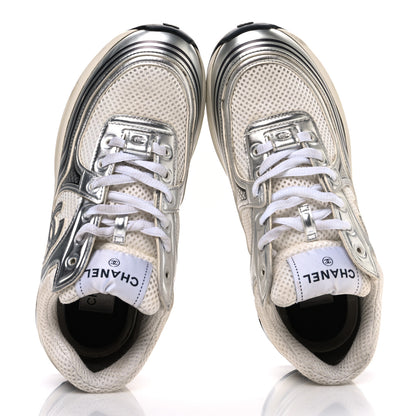 Chanel Fabric Laminated Calfskin Stretch CC Sneakers 37 White Silver 2 of 12