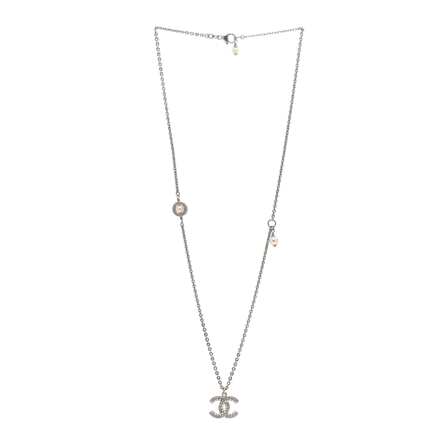 Crystal Pearl CC Pendant Necklace Silver