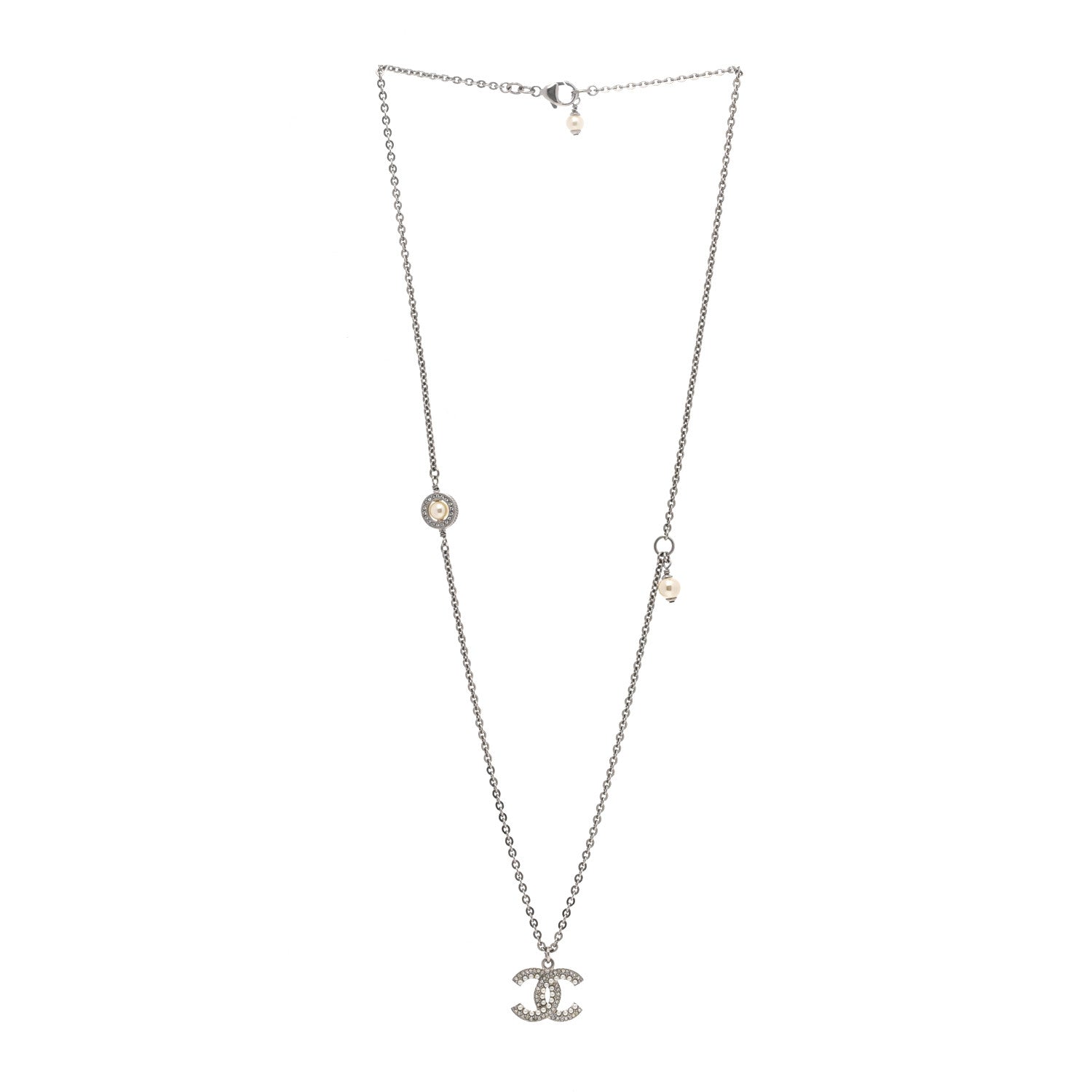 Chanel Crystal Pearl CC Pendant Necklace Silver 3 of 7