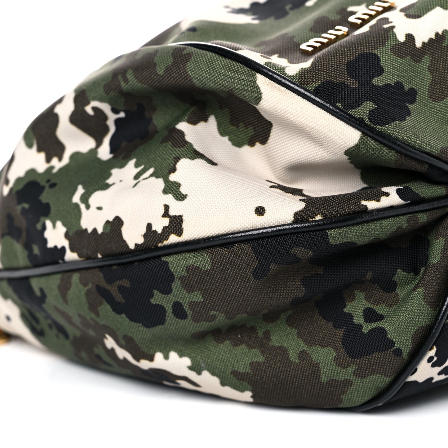 Canvas Calfskin Camo Print Drawstring Bucket Bag