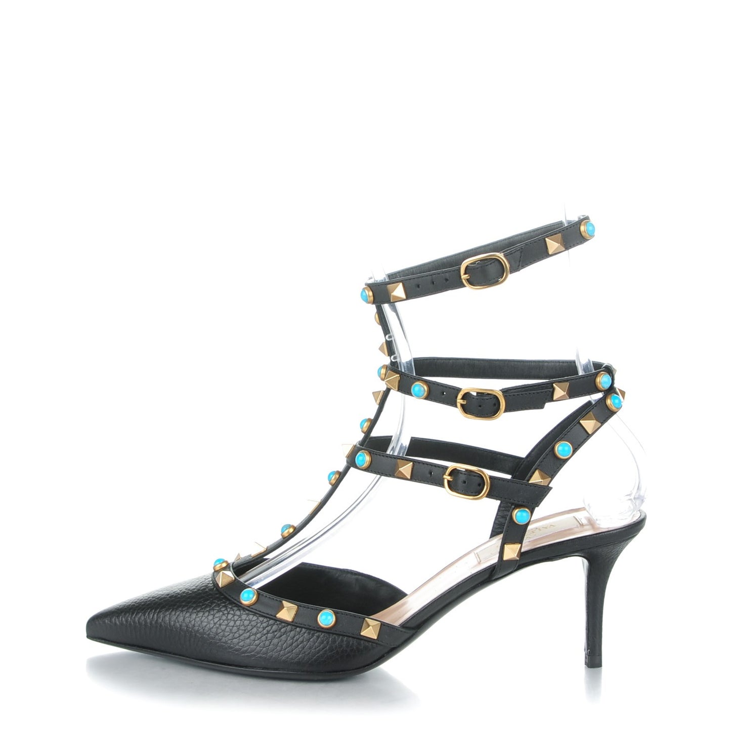 Pebbled Calfskin Turquoise Rockstud Rolling Ankle Strap 65mm Pumps 40 Black