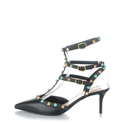 Valentino Garavani Pebbled Calfskin Turquoise Rockstud Rolling Ankle Strap 65mm Pumps 40 Black 1 of 7