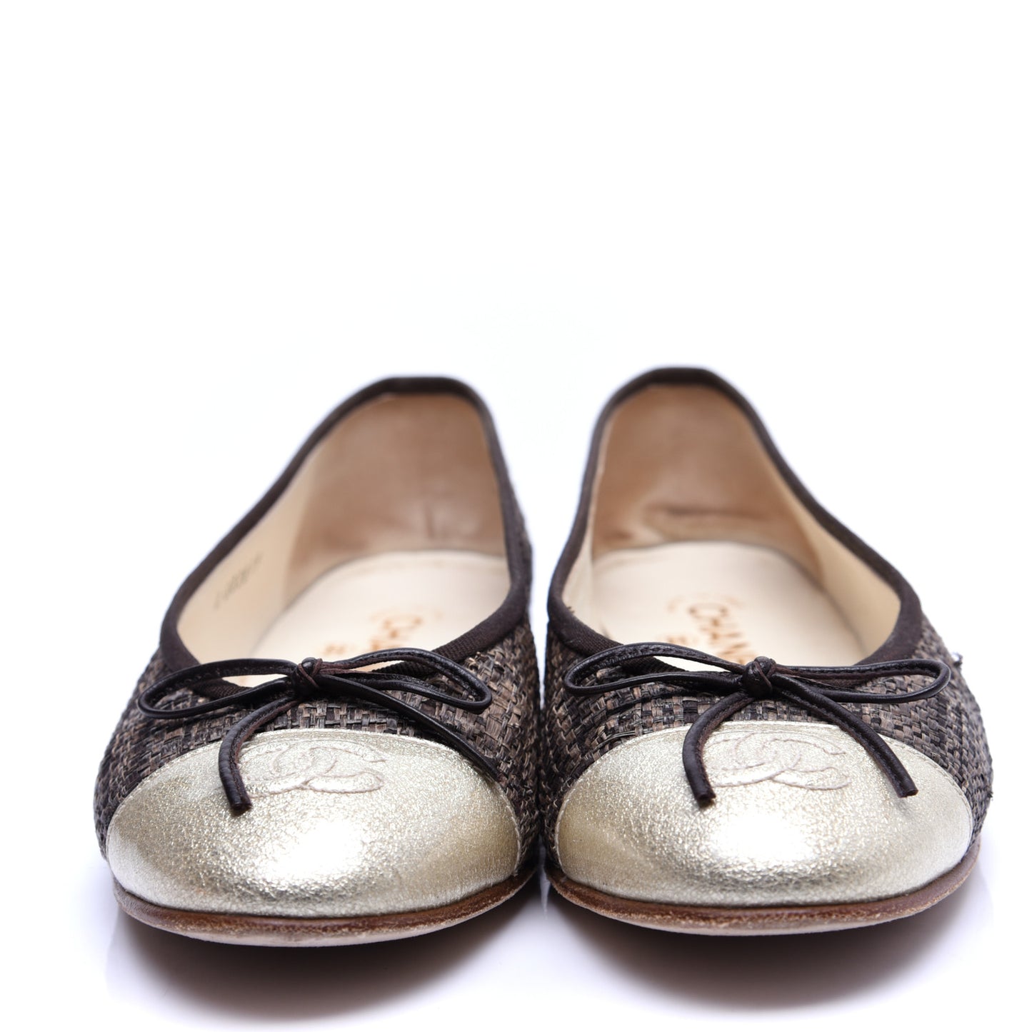 Tweed Metallic Lambskin CC Cap Toe Ballerina Flats 38 Gold
