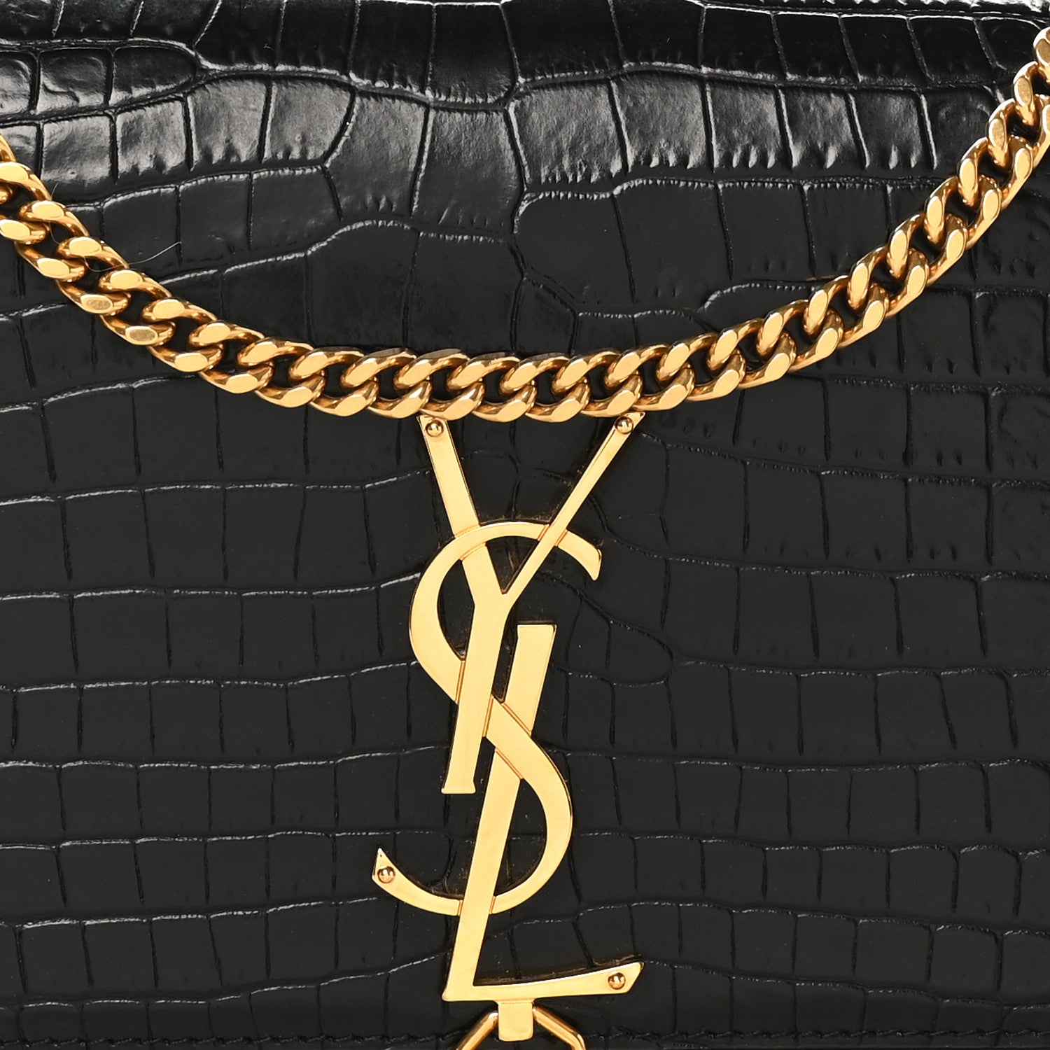 Saint Laurent Calfskin Crocodile Embossed Medium Classic Monogram Kate Tassel Satchel Black 7 of 9