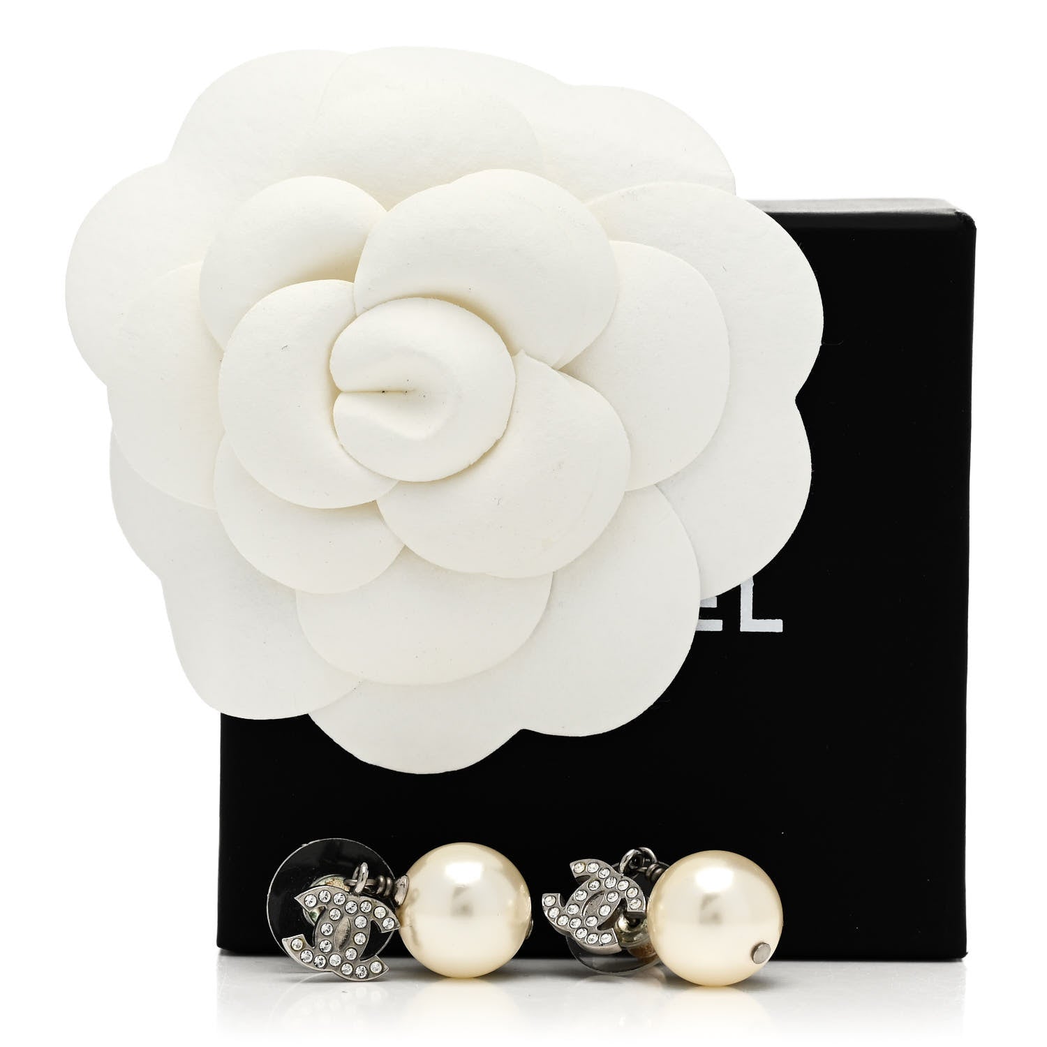 Chanel Crystal Pearl CC Drop Earrings Silver Pearly White 5 of 5