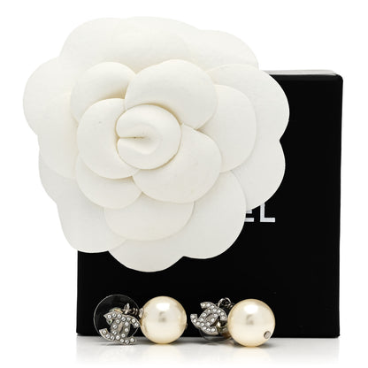 Chanel Crystal Pearl CC Drop Earrings Silver Pearly White 5 of 5