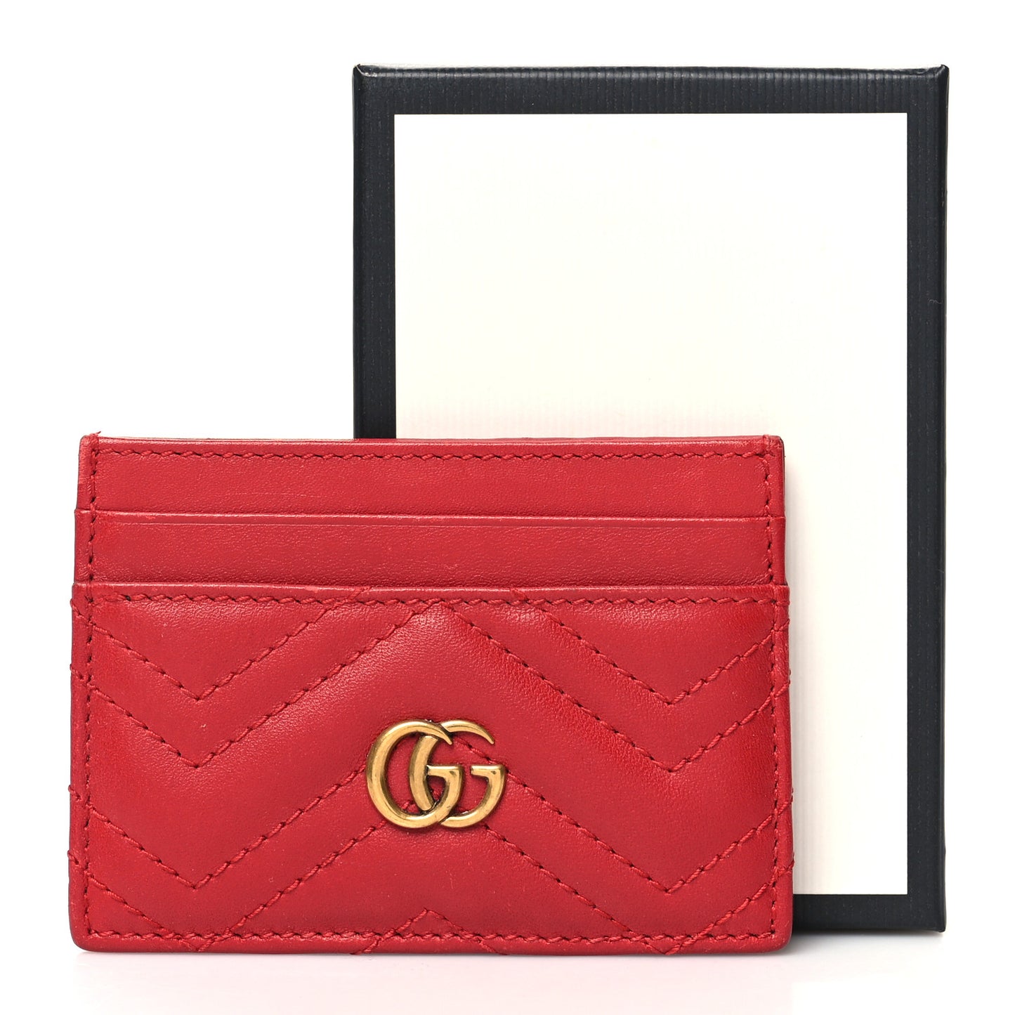 Calfskin Matelasse GG Marmont Card Holder Hibiscus Red