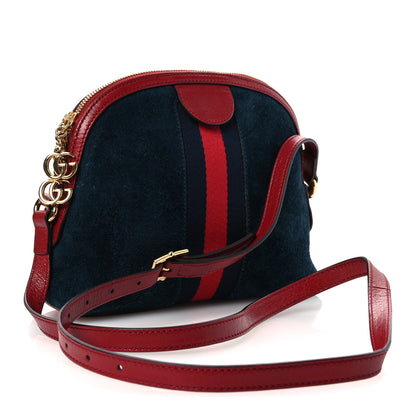 Gucci Suede Calfskin Web Small Ophidia Dome Shoulder Bag New Blue Romantic Cherry 3 of 12