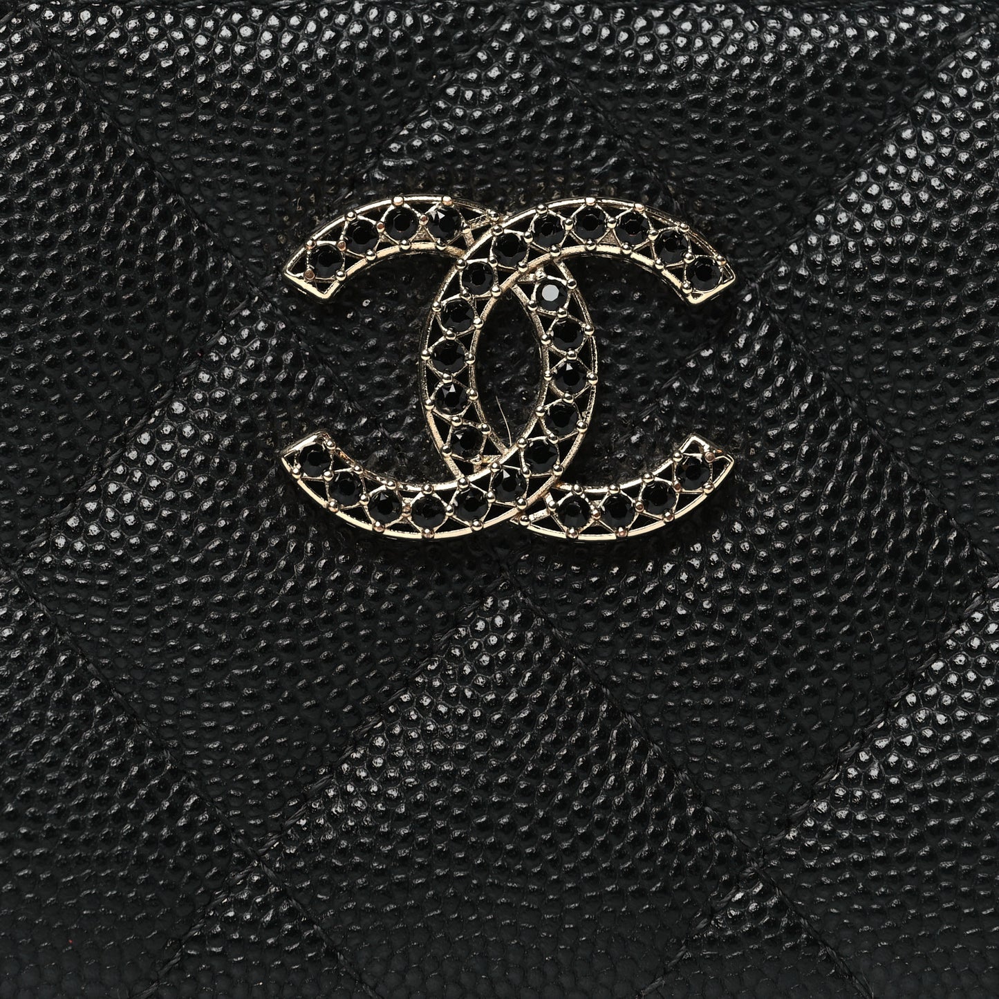 Shiny Caviar Quilted Strass CC Zip Coin Purse Black