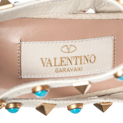 Valentino Garavani Pebbled Calfskin Turquoise Rockstud Rolling Ankle Strap 100mm Pumps 37.5 Ivory 7 of 7