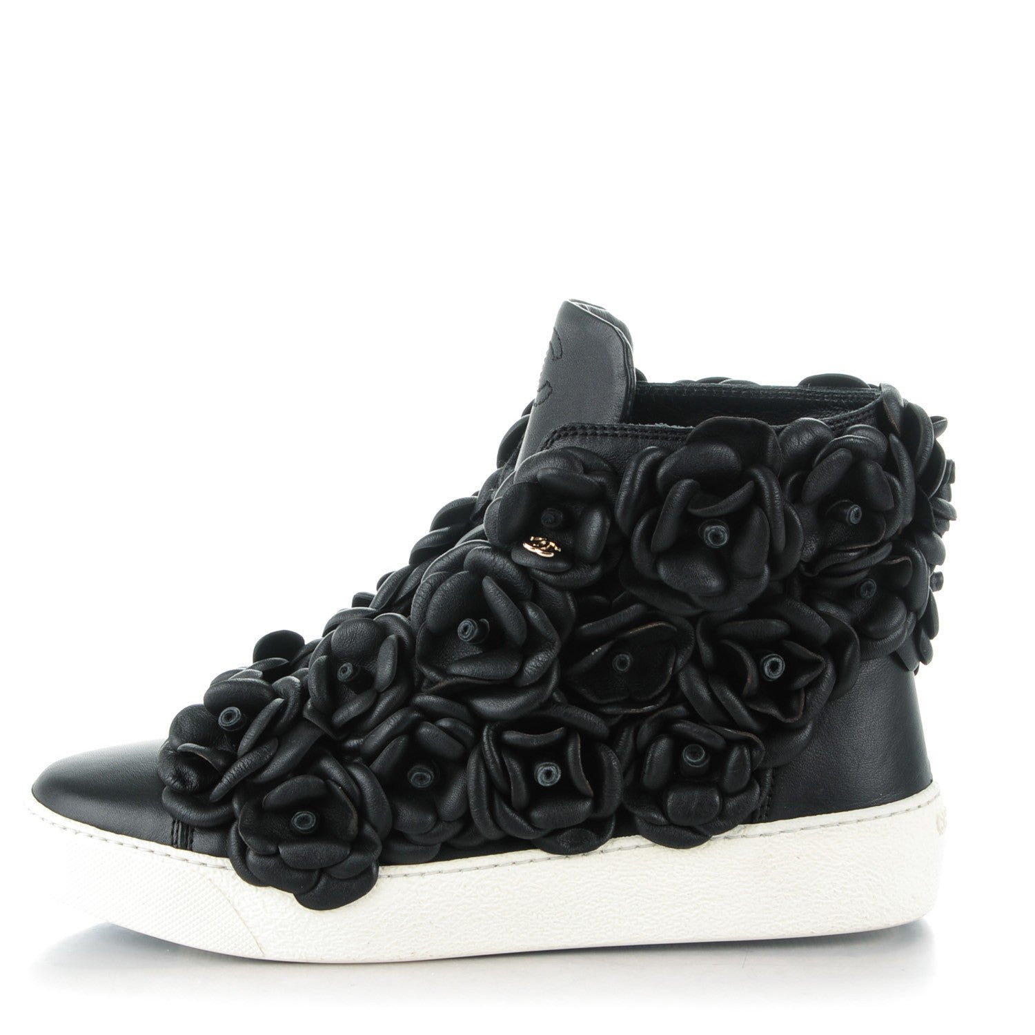 Chanel Calfskin Camellia High Top Sneakers 37.5 Black 1 of 7