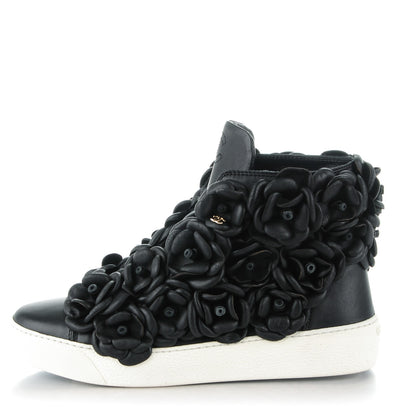 Chanel Calfskin Camellia High Top Sneakers 37.5 Black 1 of 7