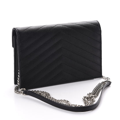 Saint Laurent Grain De Poudre Matelasse Chevron Monogram Envelope Chain Wallet Black 3 of 11