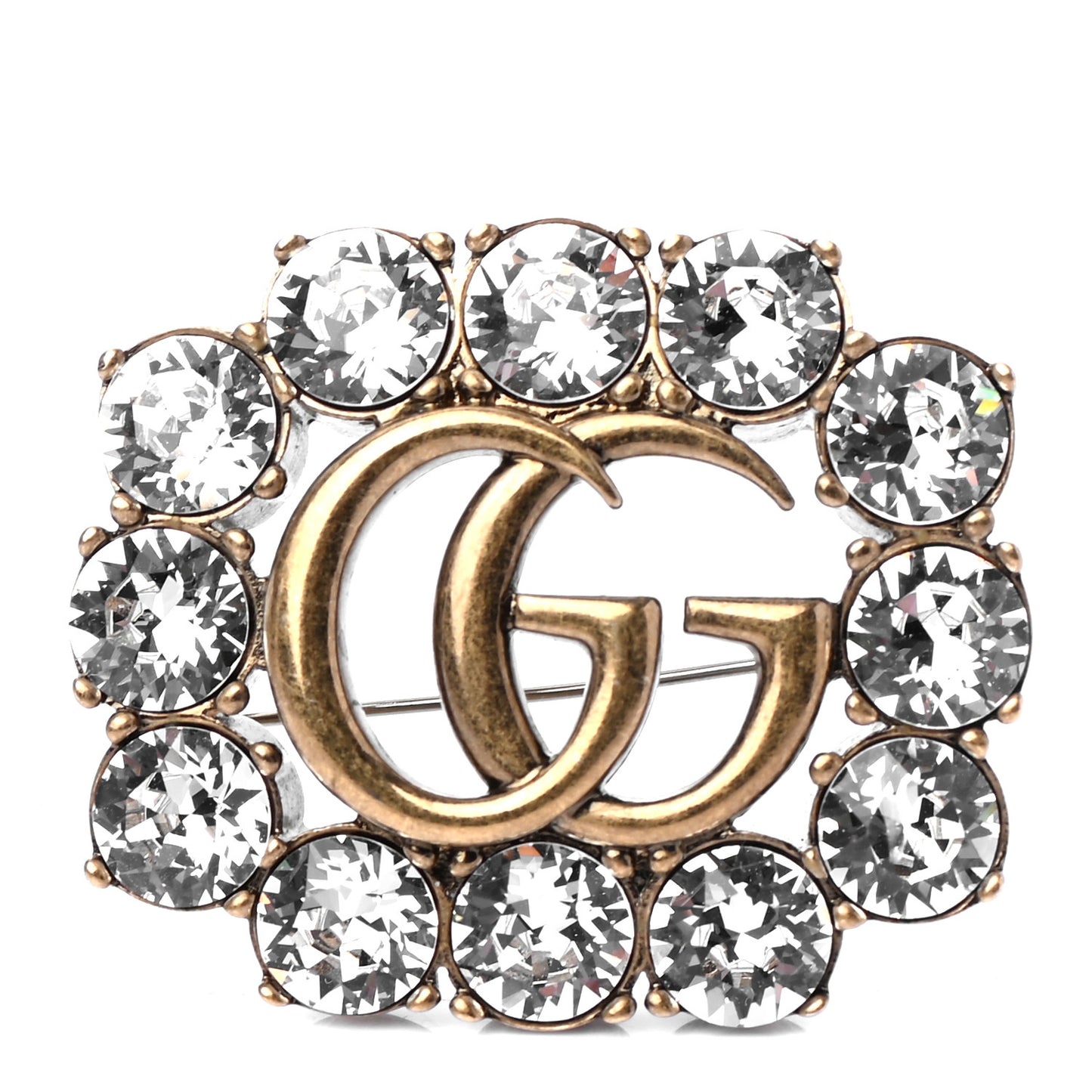 Metal Crystal Double G Brooch Aged Gold