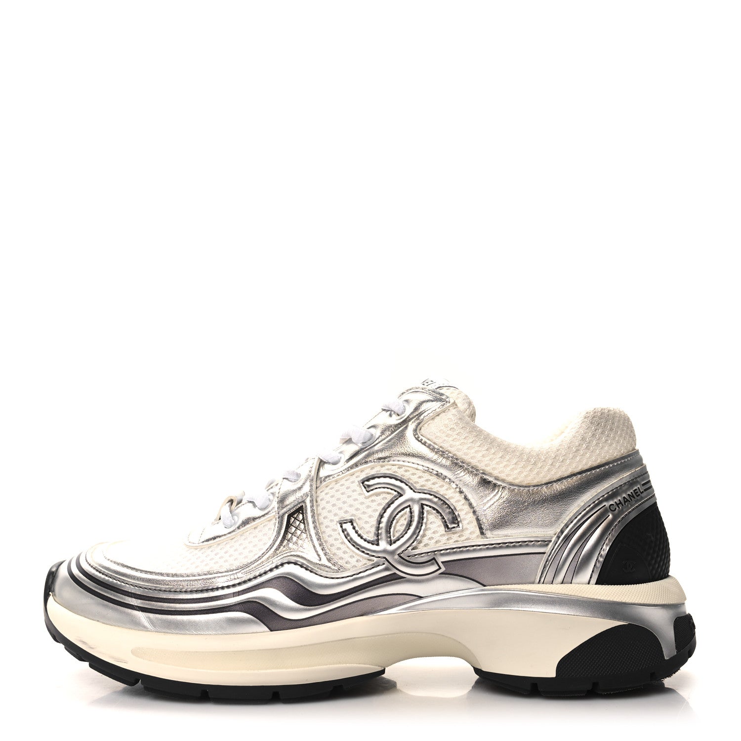 Chanel Fabric Laminated Calfskin Stretch CC Womens Sneakers 40 White Gold Silver 1 of 9