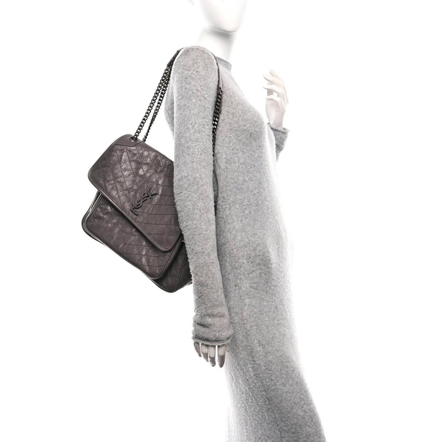 Crinkled Calfskin Matelasse Monogram Large Niki Chain Satchel Fog