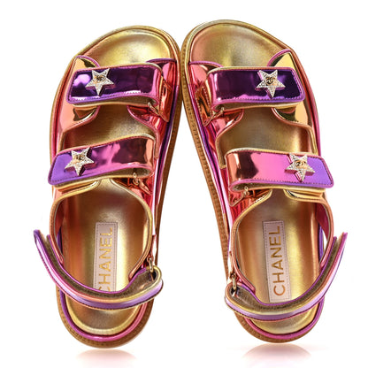 Chanel Metallic Laminated Calfskin Crystal Star CC Velcro Dad Sandals 38 Gold Multicolor 2 of 9