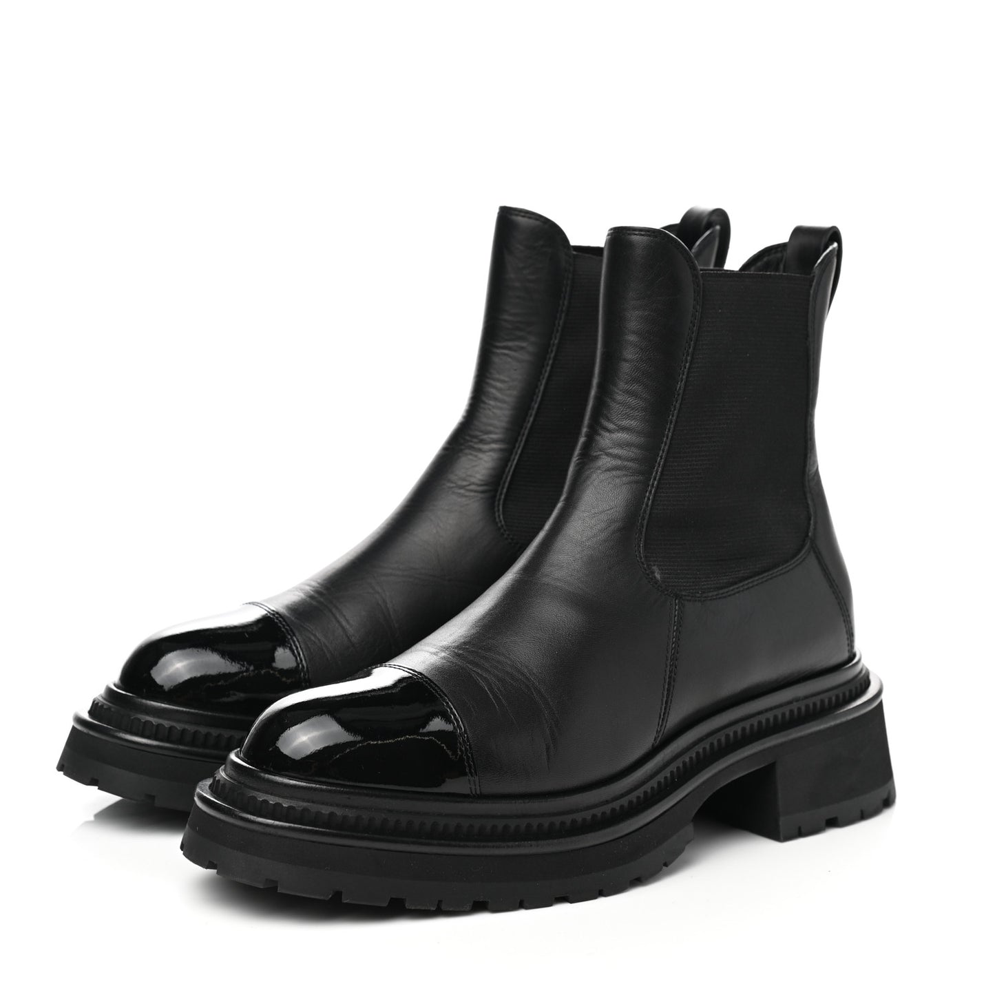 Calfskin Patent Cap Toe Ankle Boots 37.5 Black