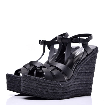 Saint Laurent Calfskin Tribute 95 Platform Espadrille Wedge Sandals 38.5 Black 3 of 9