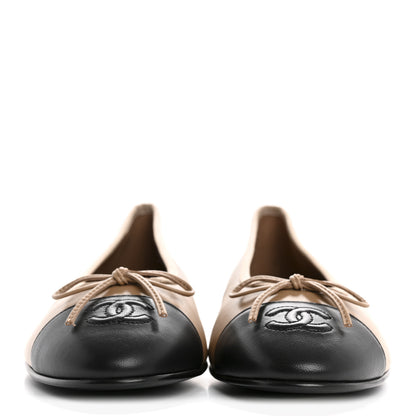 Chanel Lambskin Cap Toe CC Ballerina Flats 39 Beige Black 3 of 10