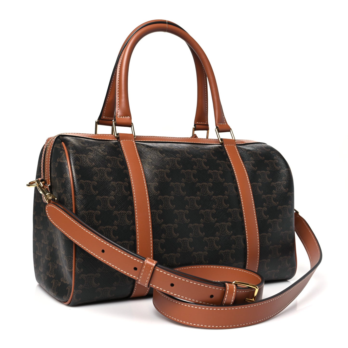 Triomphe Canvas Calfskin Boston Bag Tan