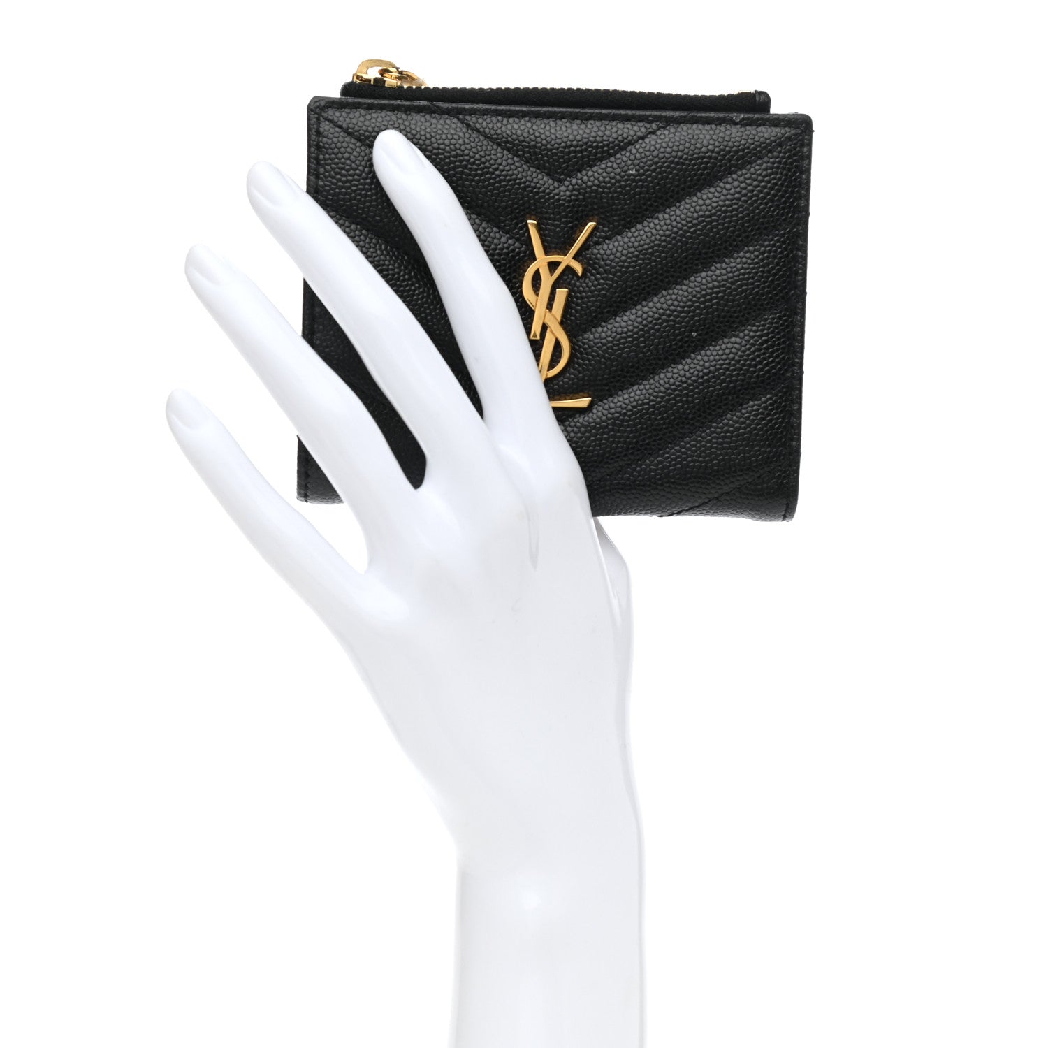 Saint Laurent Grain De Poudre Matelasse Chevron Monogram Zipped Card Case Black 2 of 9