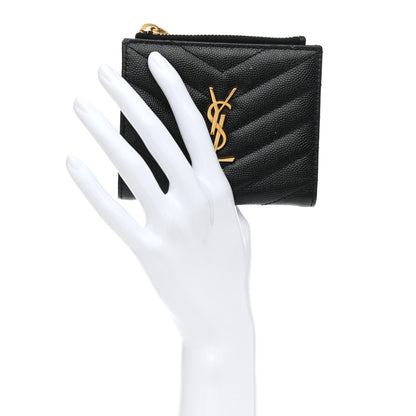 Saint Laurent Grain De Poudre Matelasse Chevron Monogram Zipped Card Case Black 2 of 9