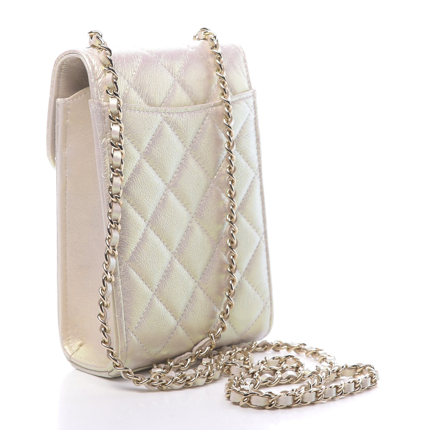 Iridescent Lambskin Quilted CC Phone Holder Ivory