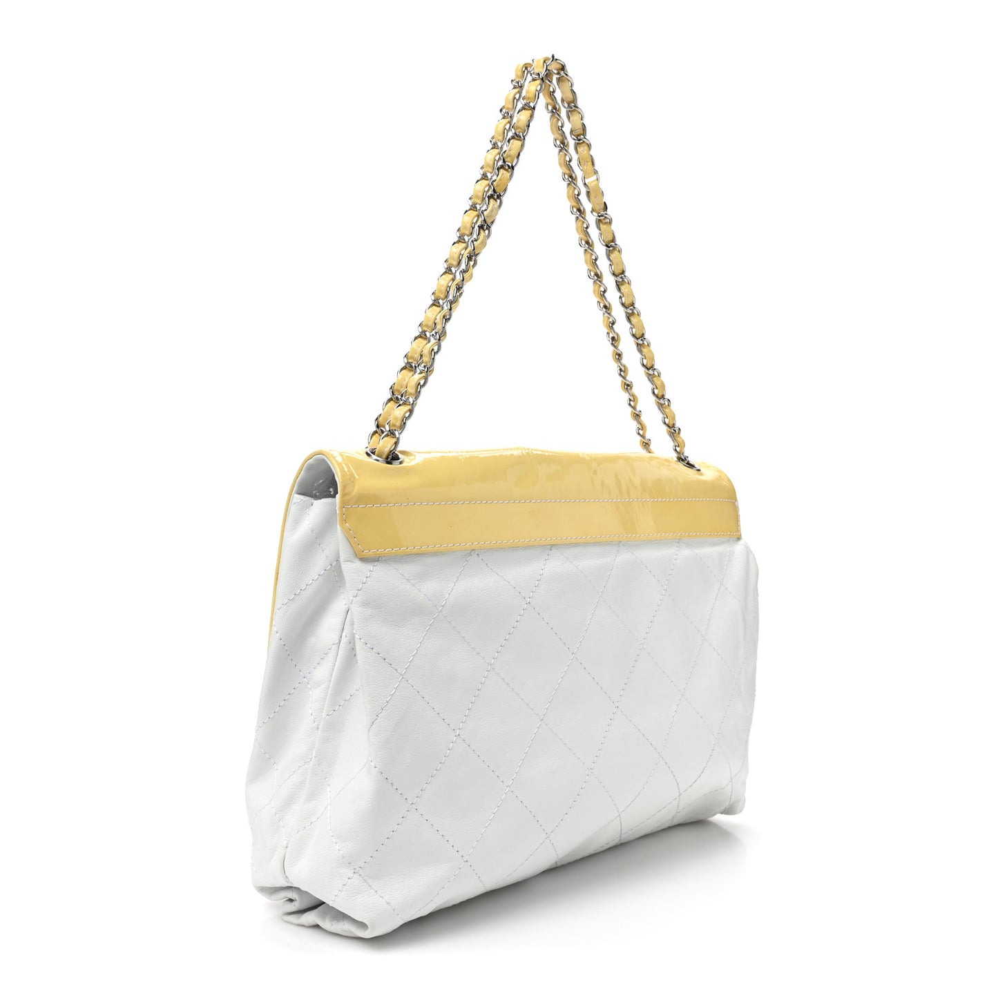 Patent Calfskin Stitched Shoulder To Shoulder Flap Hobo White
