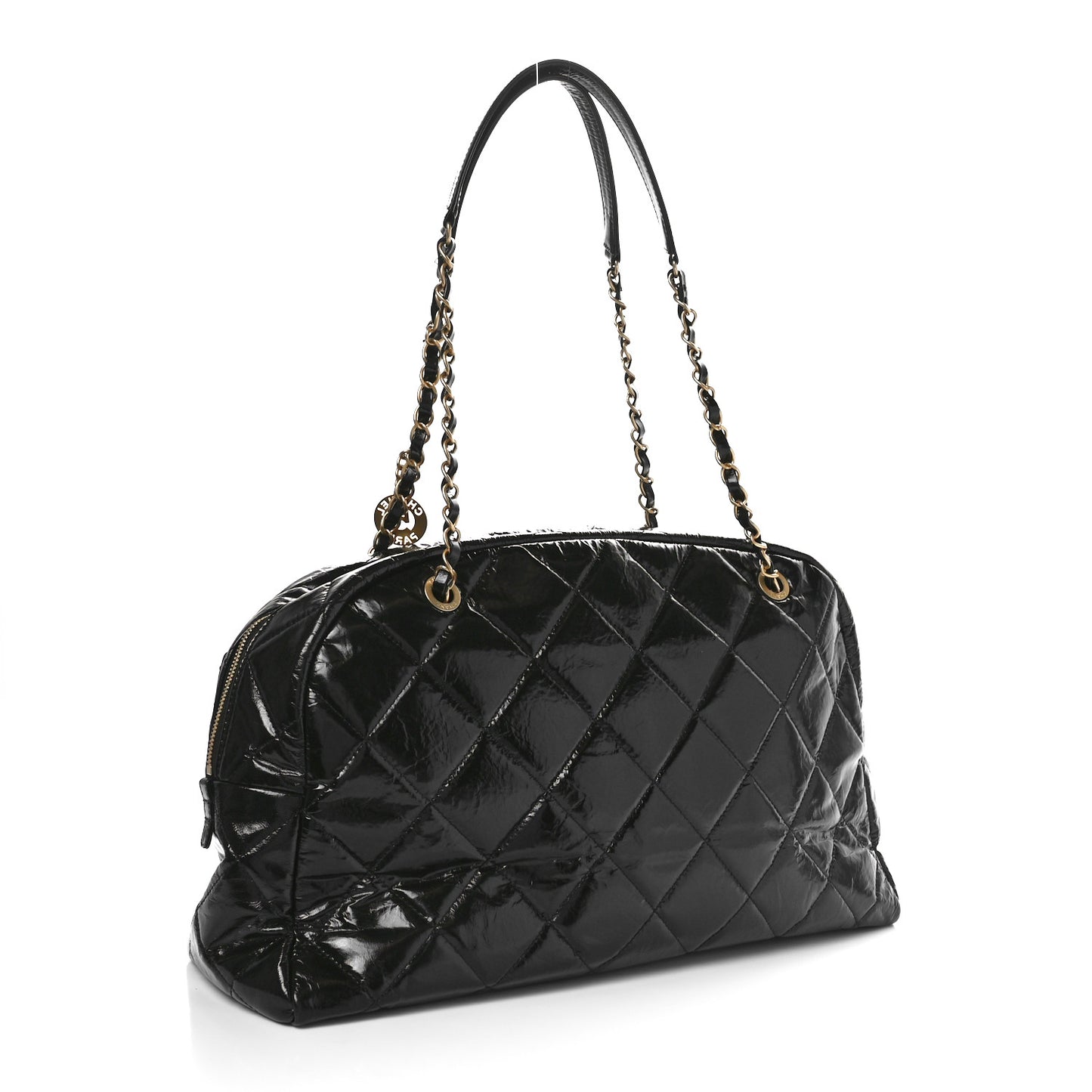 Shiny Crumpled Calfskin Quilted Maxi Bowling Bag Black