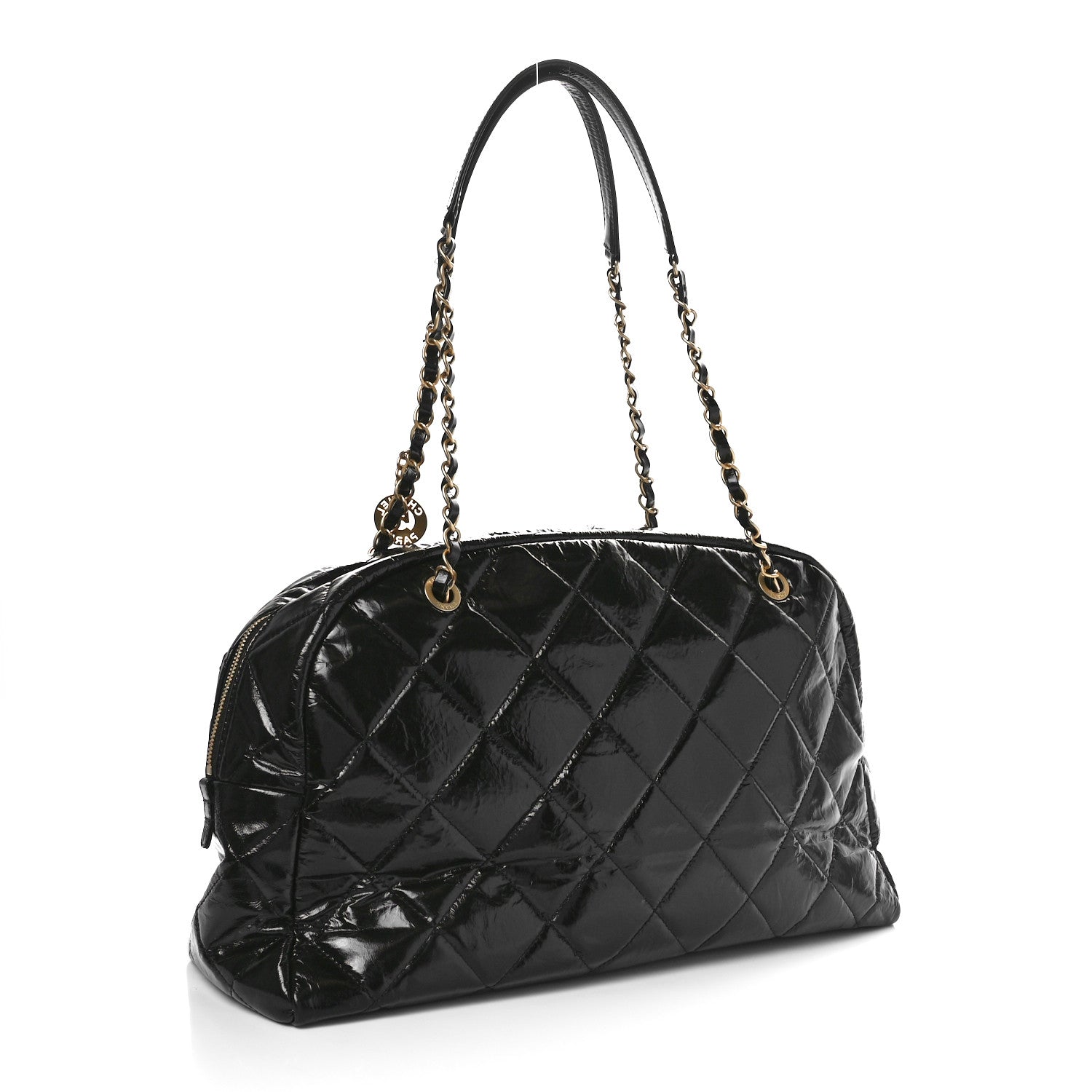 Chanel Shiny Crumpled Calfskin Quilted Maxi Bowling Bag Black 3 of 9