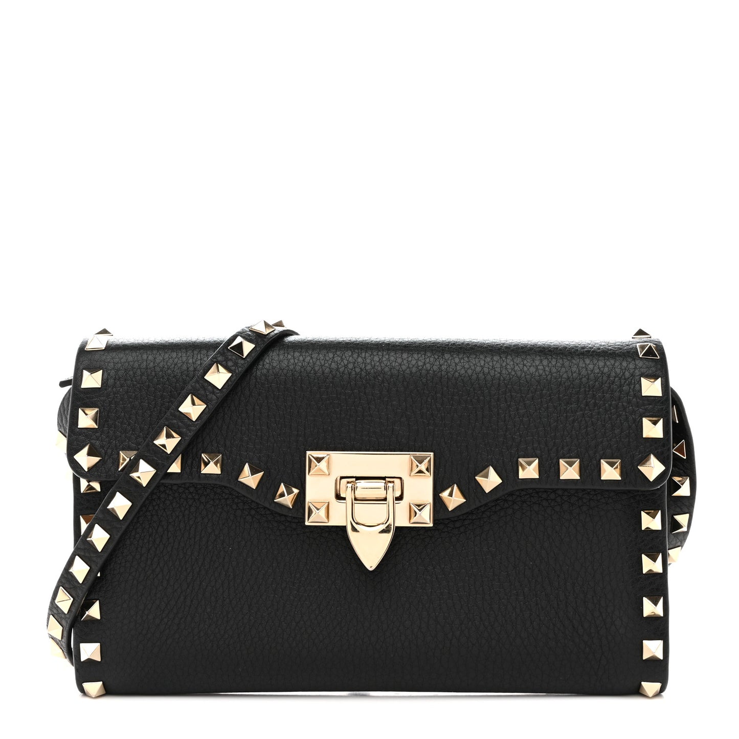 Pebbled Calfskin Medium Rockstud Flip Lock Crossbody Bag Black